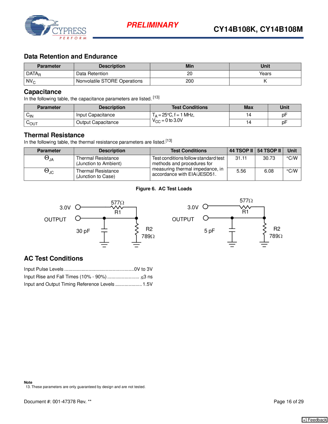 Cypress CY14B108K, CY14B108M manual Data Retention and Endurance, Capacitance, Thermal Resistance, AC Test Conditions 