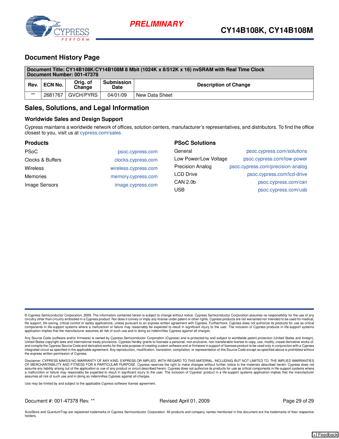 Cypress CY14B108M, CY14B108K manual Document History, Sales, Solutions, and Legal Information, New Data Sheet, Usb 