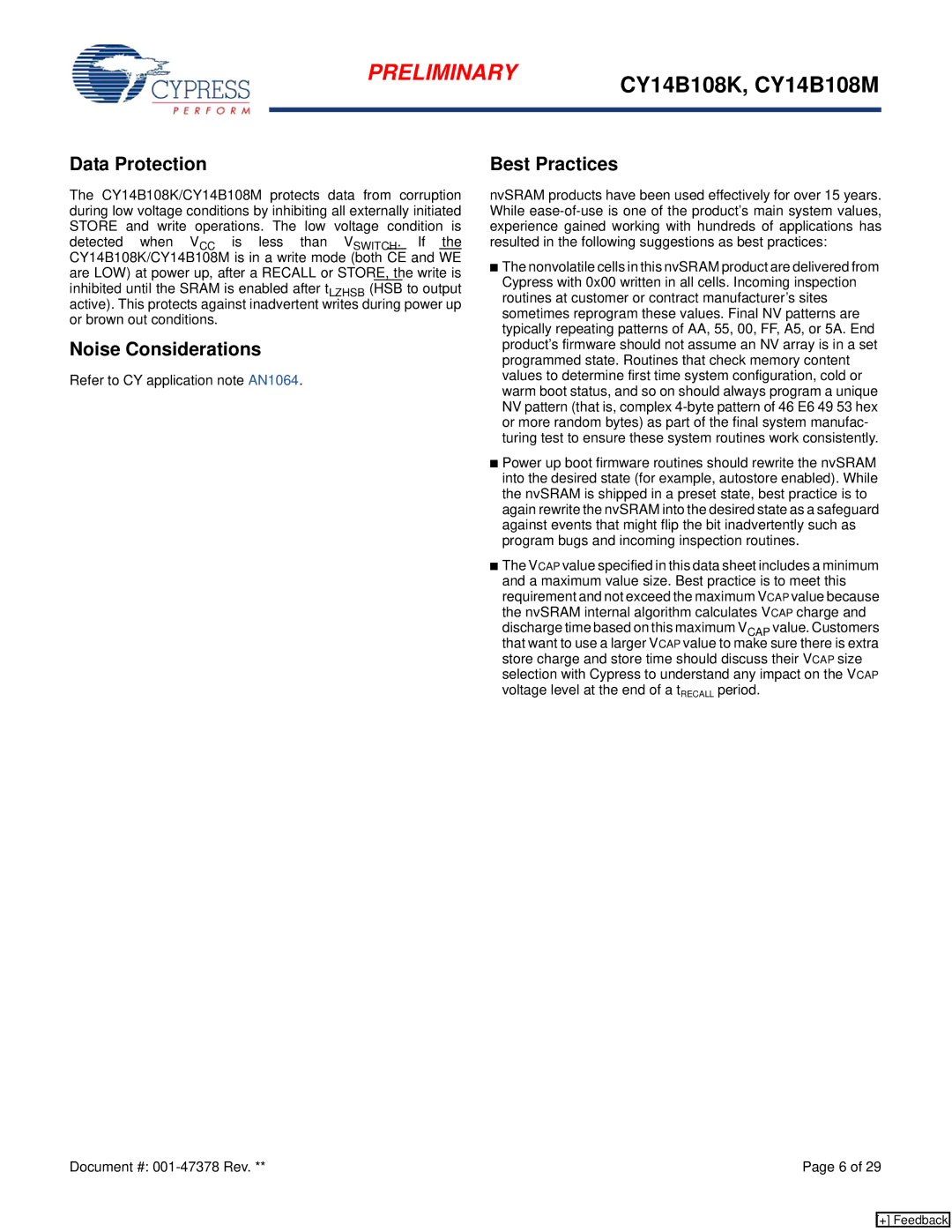 Cypress CY14B108K, CY14B108M manual Data Protection Best Practices, Noise Considerations 