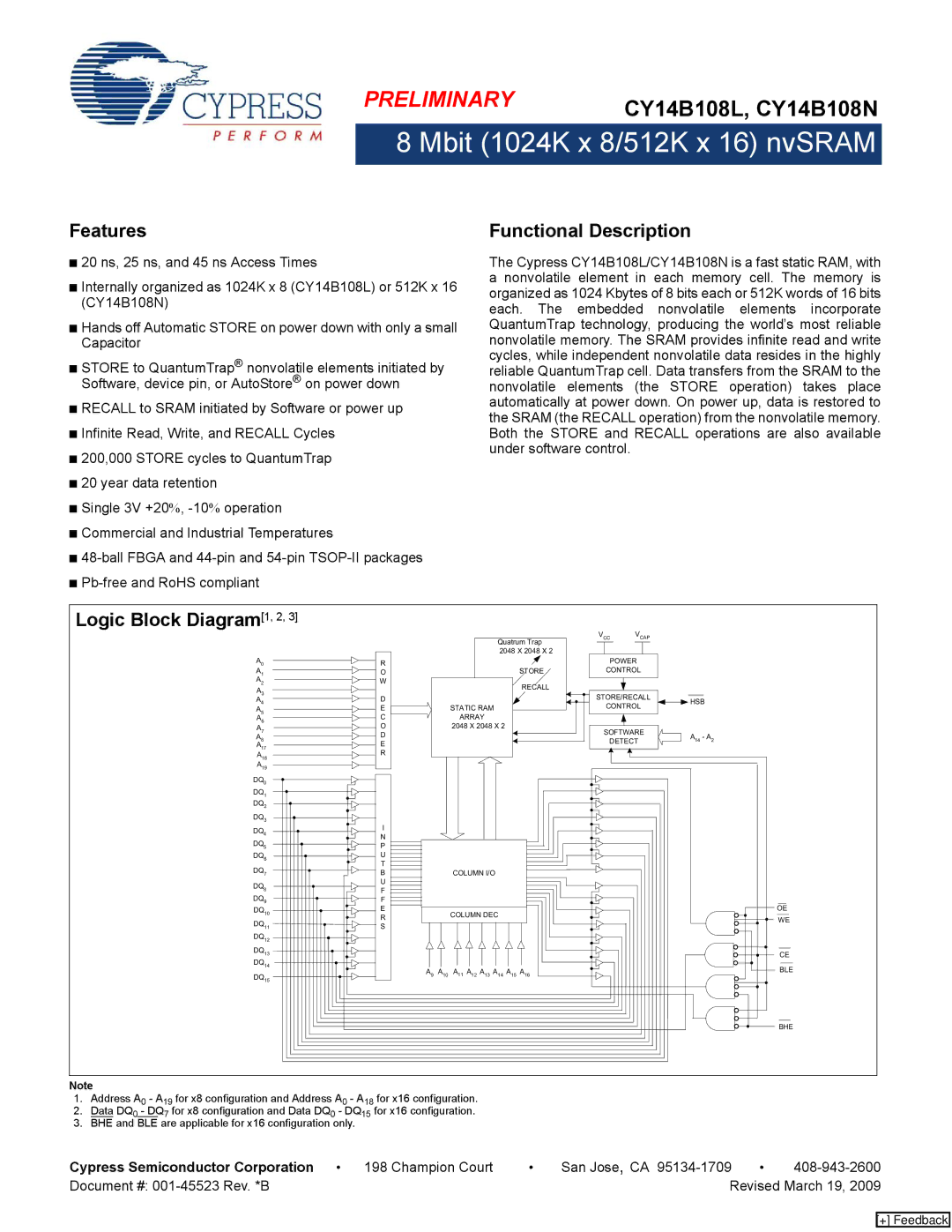 Cypress CY14B108L manual Features, Functional Description, Logic Block Diagram1, 2, Cypress Semiconductor Corporation 