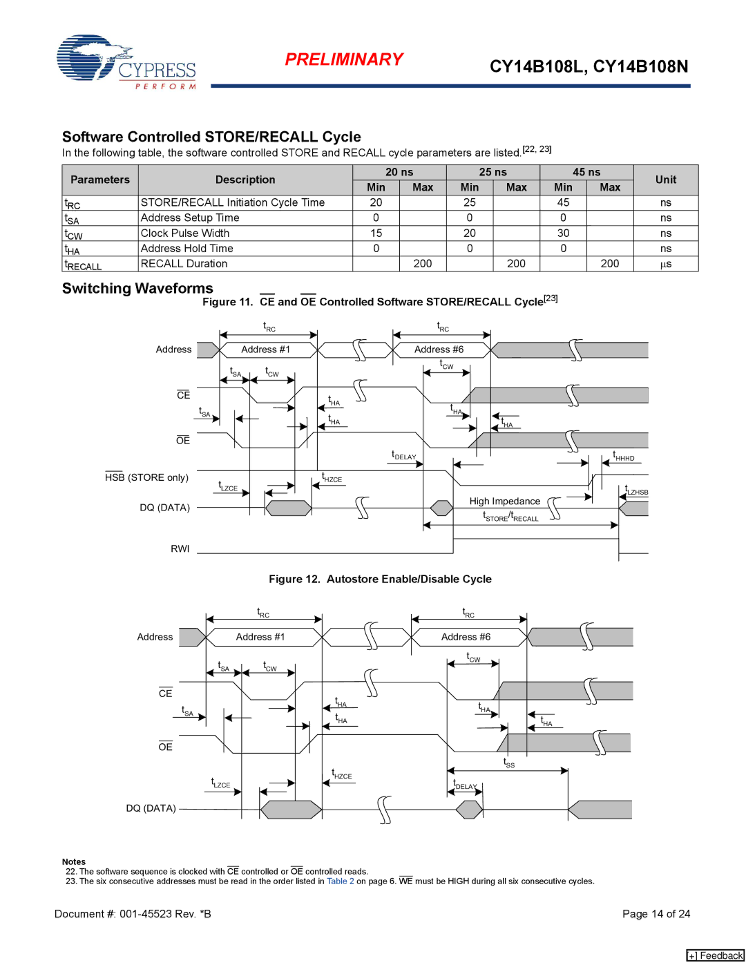 Cypress CY14B108N, CY14B108L manual Software Controlled STORE/RECALL Cycle 