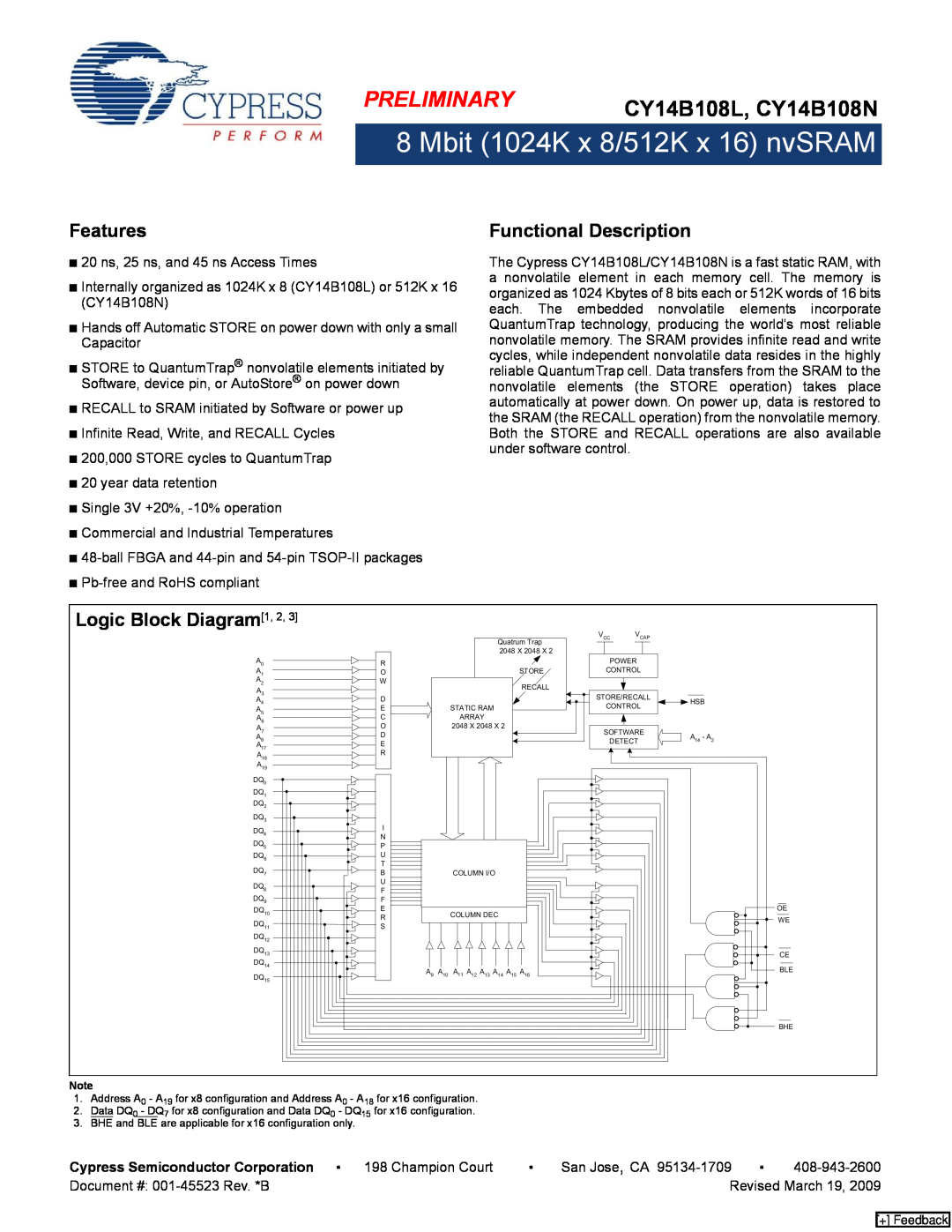 Cypress manual Preliminary, CY14B108L, CY14B108N, Features, Functional Description, Logic Block Diagram1 