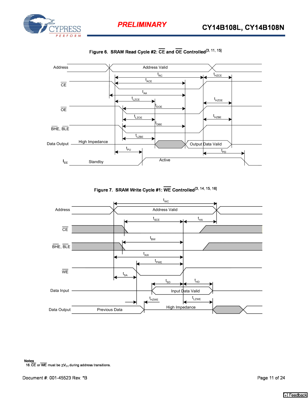 Cypress manual Preliminary, CY14B108L, CY14B108N, SRAM Read Cycle #2 CE and OE Controlled3, 11, + Feedback 