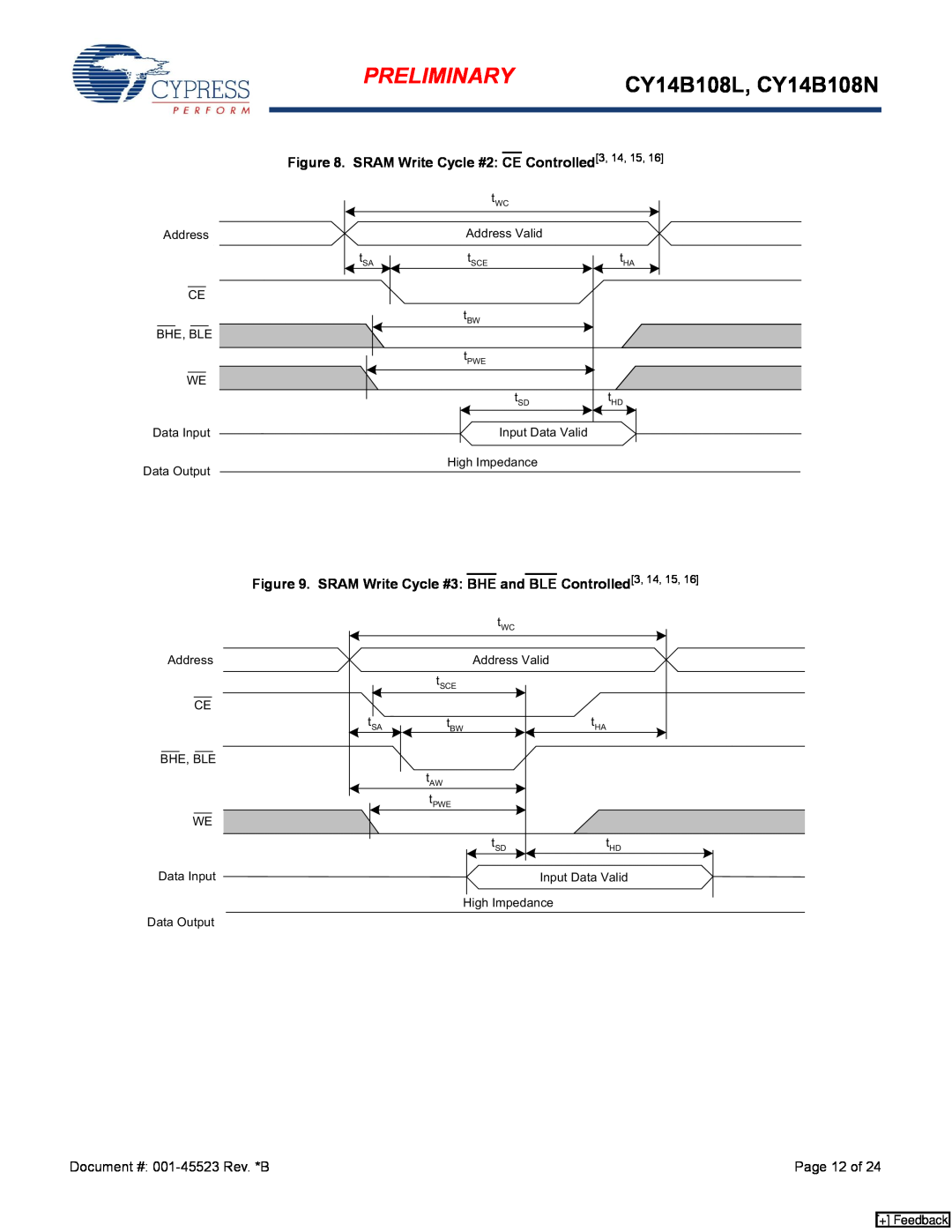 Cypress manual Preliminary, CY14B108L, CY14B108N, + Feedback, Controlled3, 14, 15 