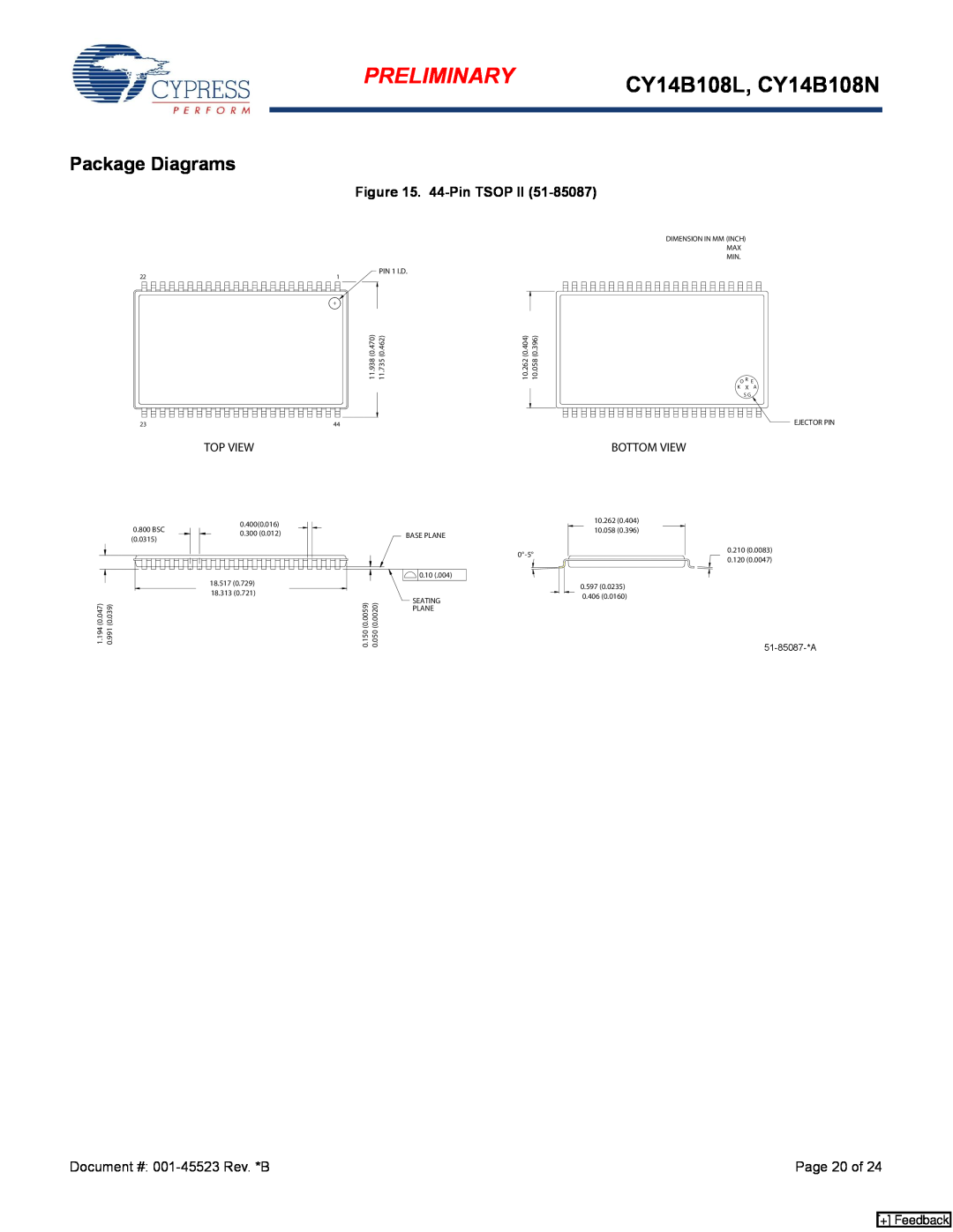Cypress manual Package Diagrams, Preliminary, CY14B108L, CY14B108N, 44-Pin TSOP II, + Feedback 
