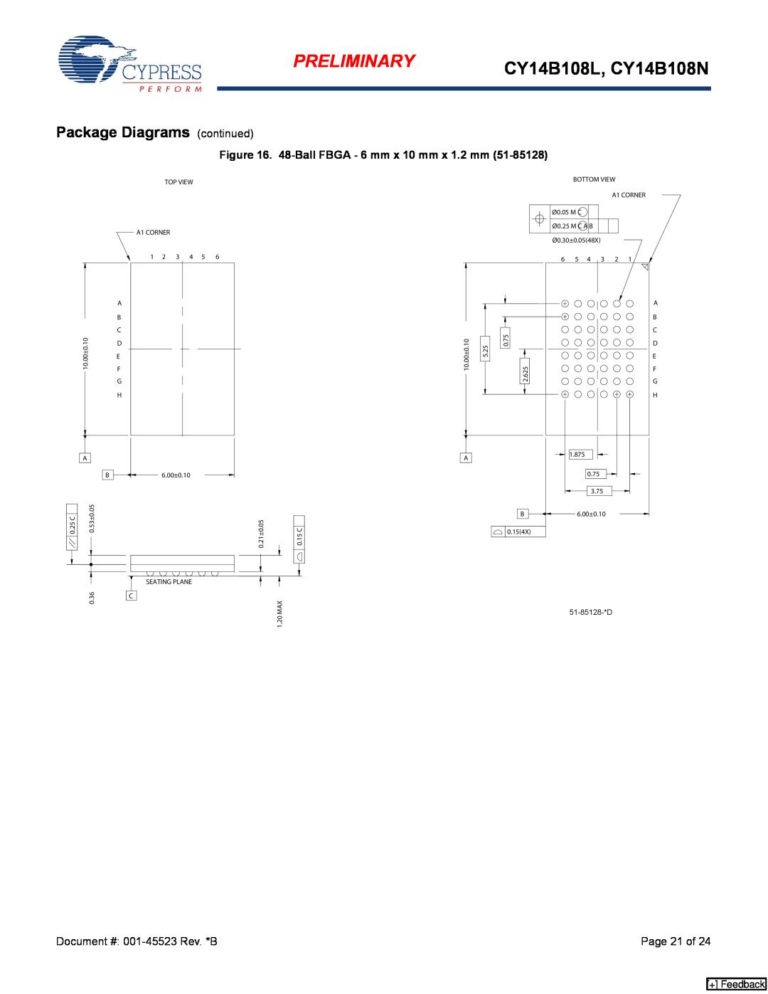 Cypress Package Diagrams continued, Preliminary, CY14B108L, CY14B108N, 48-Ball FBGA - 6 mm x 10 mm x 1.2 mm, + Feedback 