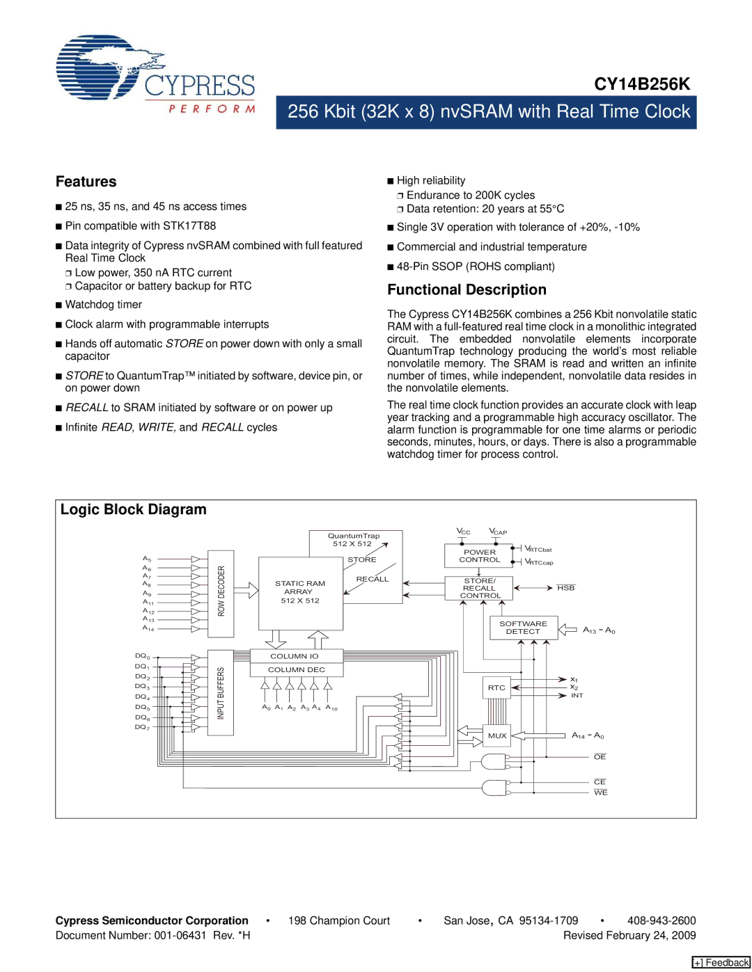 Cypress CY14B256K manual Features, Functional Description, Logic Block Diagram 