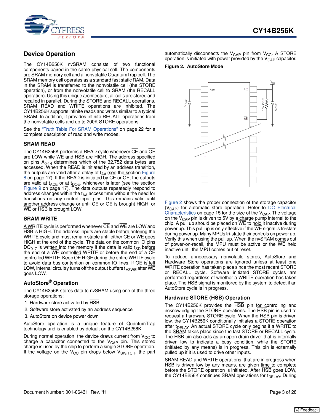 Cypress CY14B256K manual Device Operation, AutoStore Operation, Hardware Store HSB Operation 