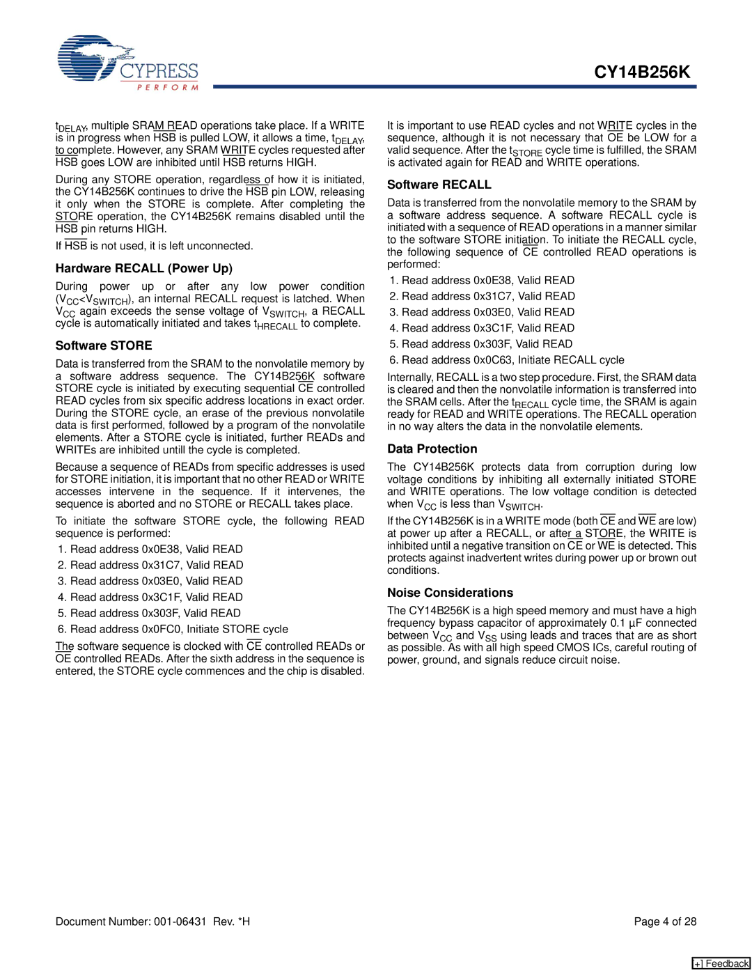 Cypress CY14B256K manual Hardware Recall Power Up, Software Store, Software Recall, Data Protection, Noise Considerations 