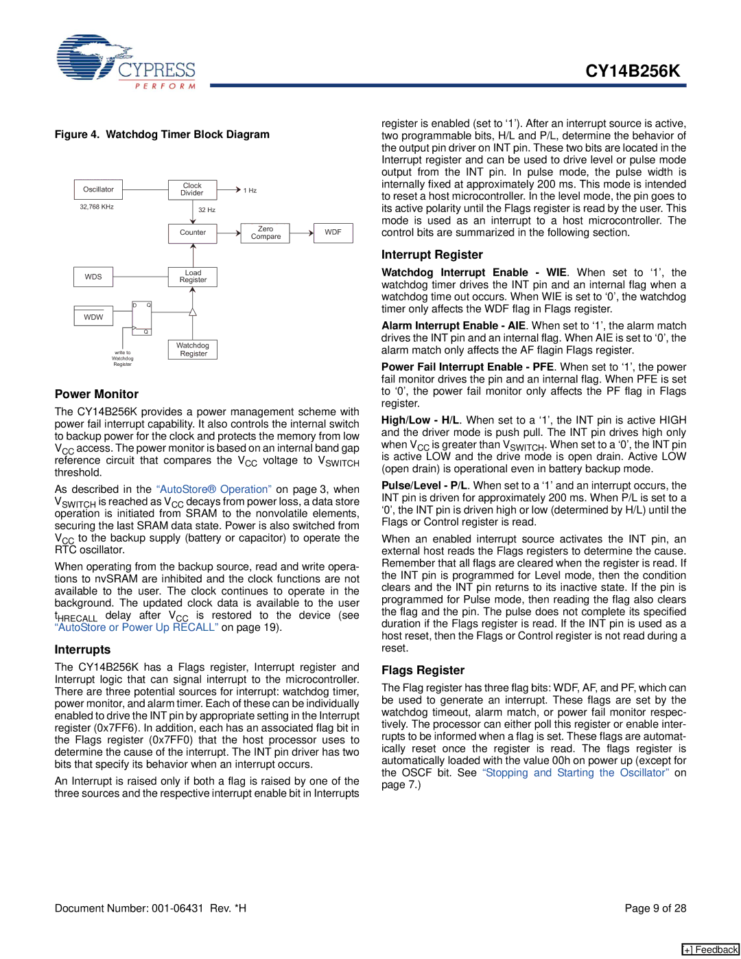 Cypress CY14B256K manual Power Monitor, Interrupts, Interrupt Register, Flags Register 