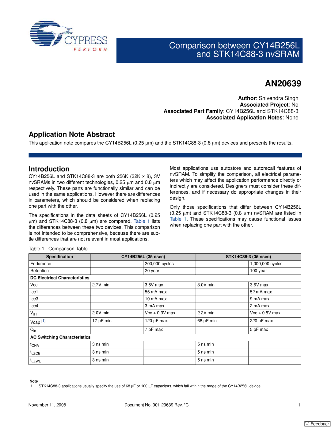 Cypress AN20639 specifications Application Note Abstract, Introduction, Specification CY14B256L 35 nsec STK14C88-3 35 nsec 