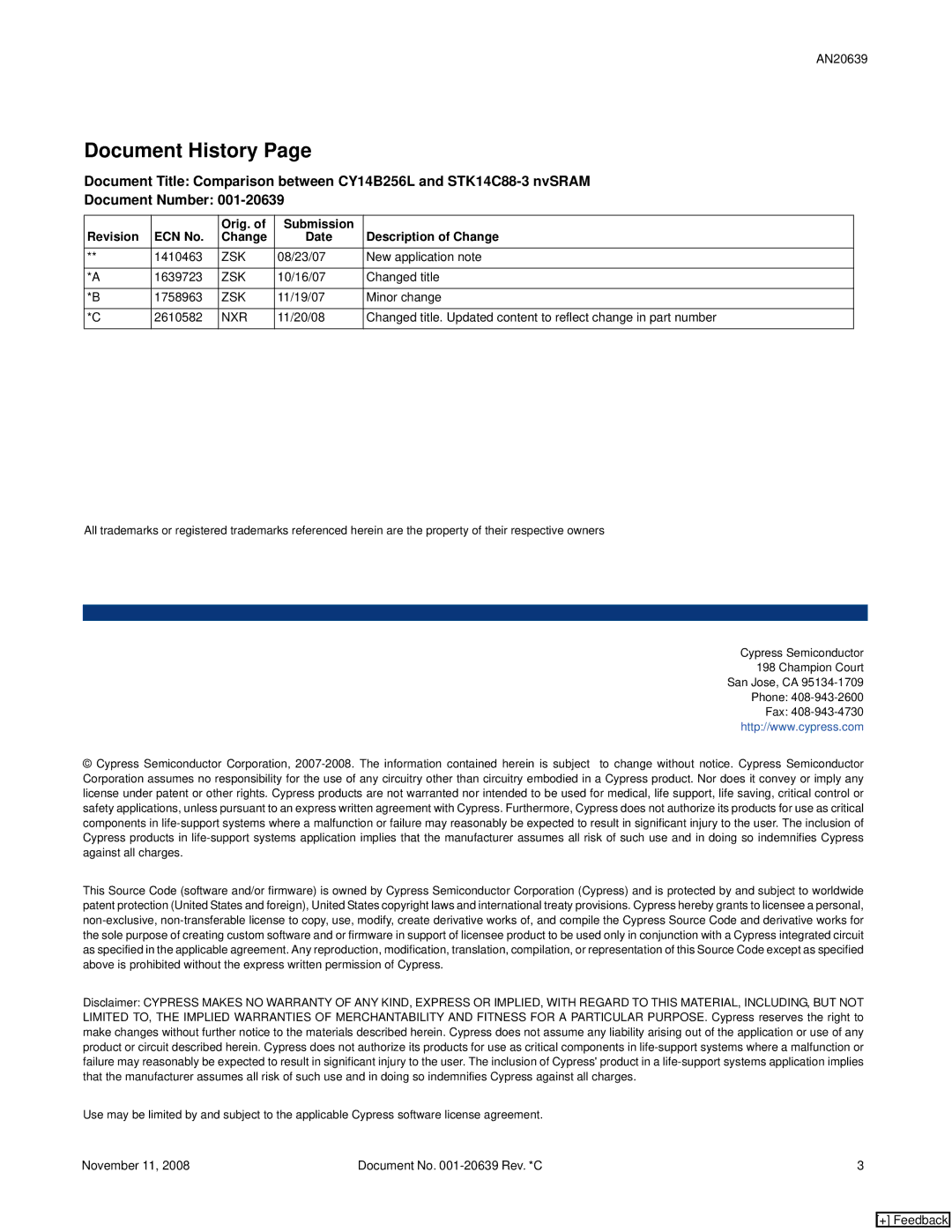 Cypress AN20639, CY14B256L specifications Document History, Revision ECN No Orig. Submission Description of Change Date 