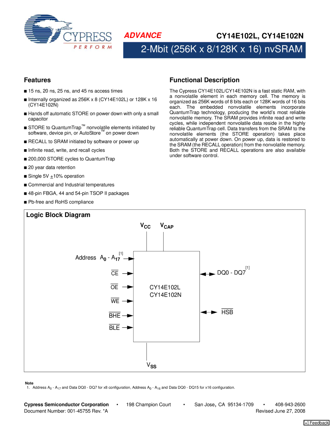 Cypress CY14E102N, CY14E102L manual Features, Functional Description, Logic Block Diagram 