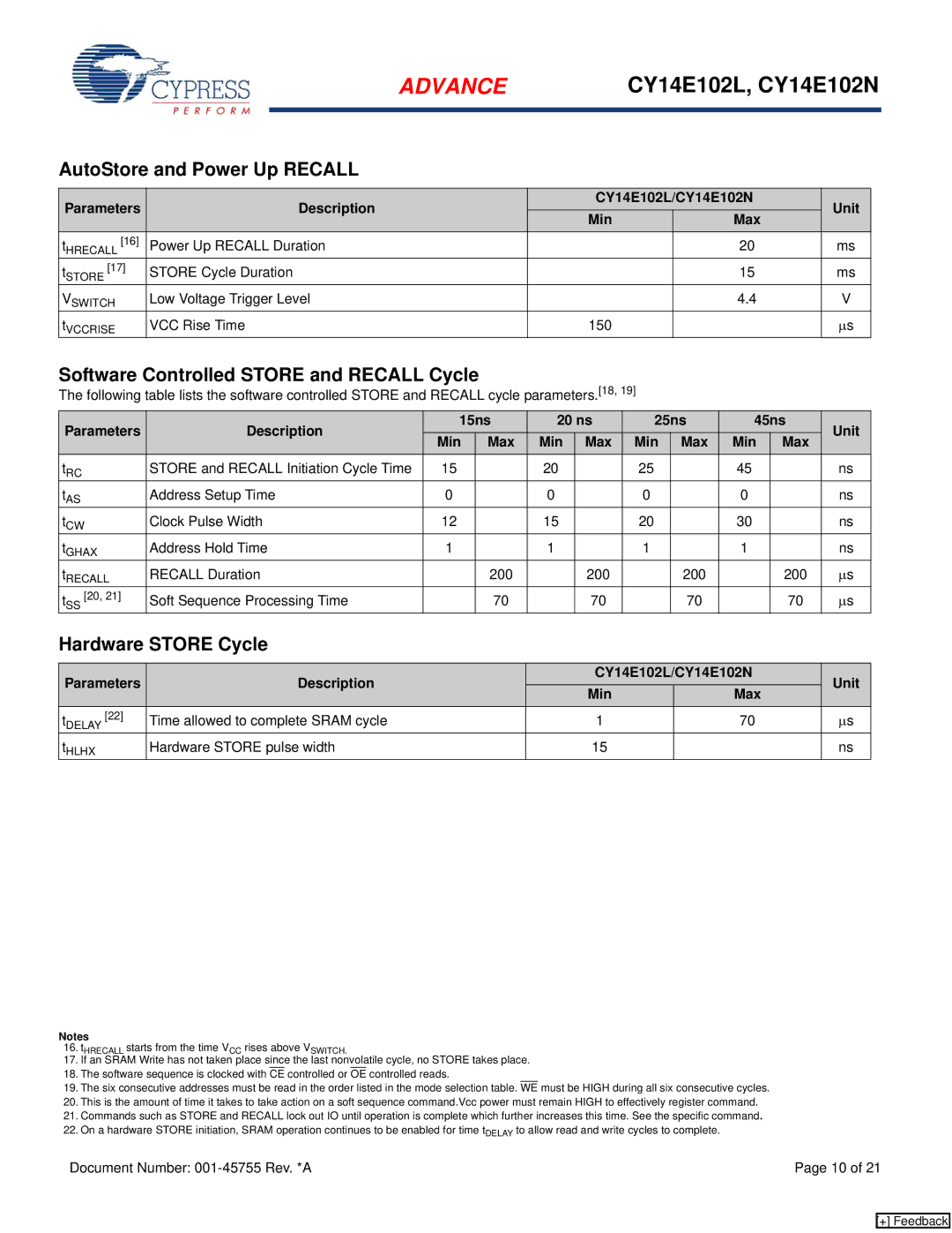 Cypress CY14E102L manual AutoStore and Power Up Recall, Software Controlled Store and Recall Cycle, Hardware Store Cycle 