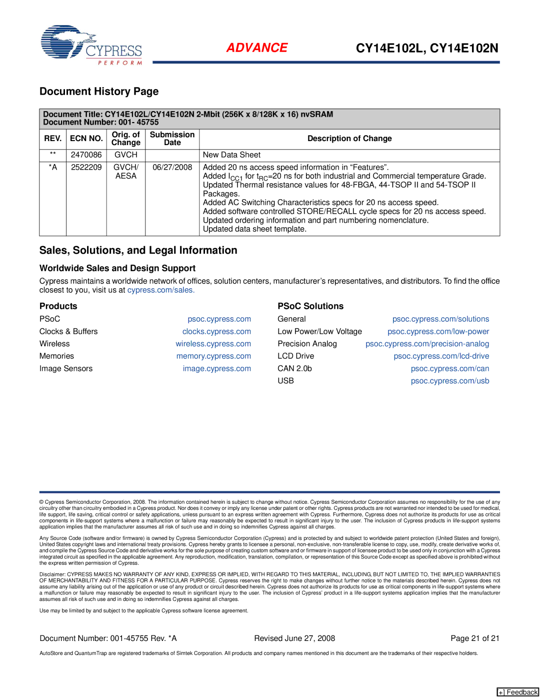 Cypress CY14E102N manual Document History, Sales, Solutions, and Legal Information, Orig. Submission Description of Change 