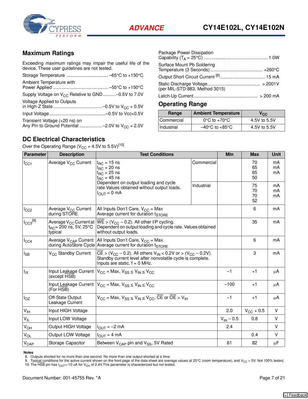 Cypress CY14E102N, CY14E102L manual Maximum Ratings, Operating Range, DC Electrical Characteristics 