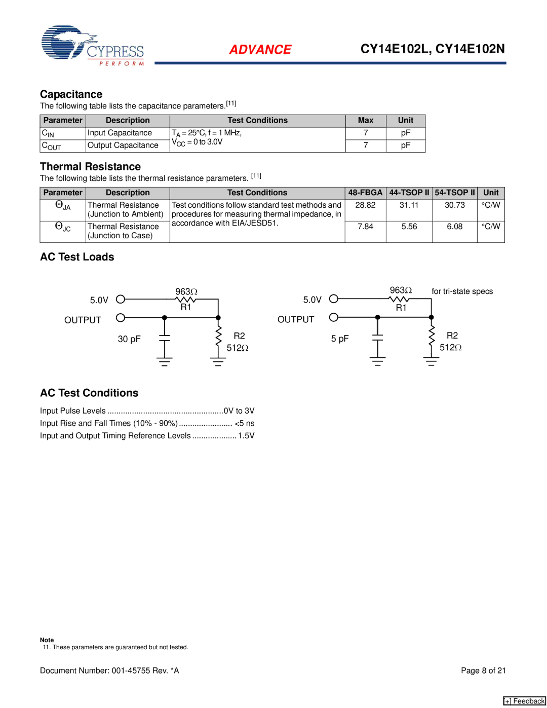 Cypress CY14E102L manual Capacitance, Thermal Resistance, AC Test Loads, AC Test Conditions, Description Test Conditions 