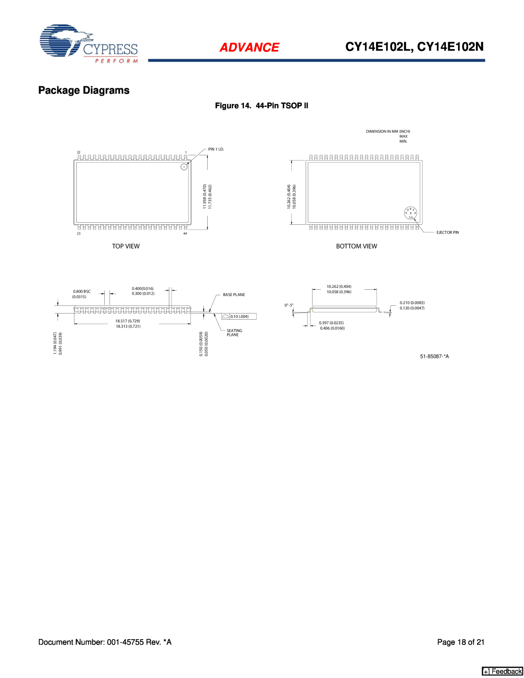 Cypress manual Package Diagrams, 44-Pin TSOP, Advance, CY14E102L, CY14E102N, + Feedback 