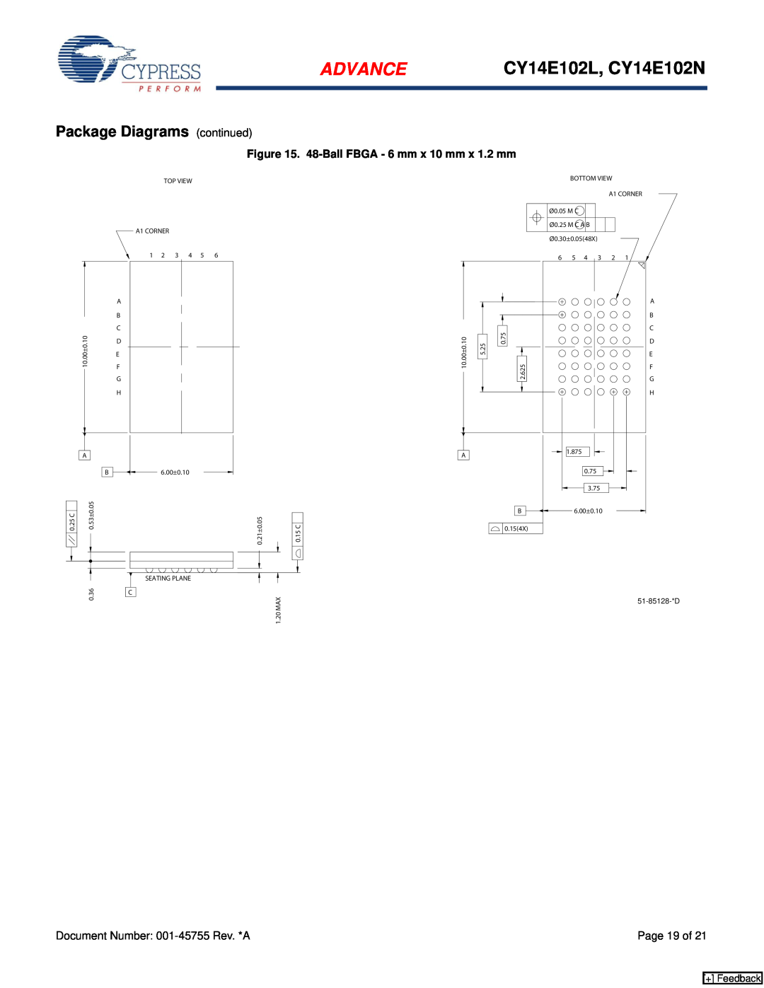 Cypress Package Diagrams continued, 48-Ball FBGA - 6 mm x 10 mm x 1.2 mm, Advance, CY14E102L, CY14E102N, + Feedback 