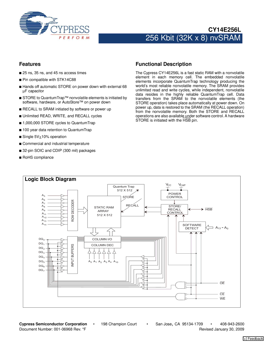 Cypress CY14E256L manual Features, Functional Description 