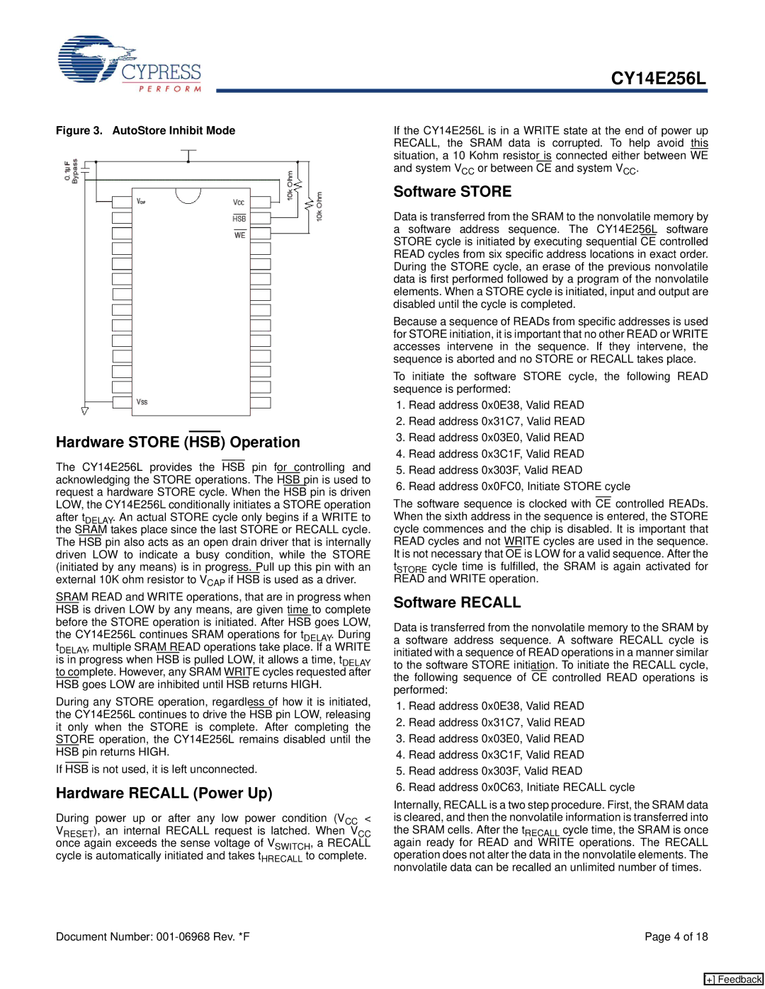 Cypress CY14E256L manual Hardware Store HSB Operation, Hardware Recall Power Up, Software Store, Software Recall 