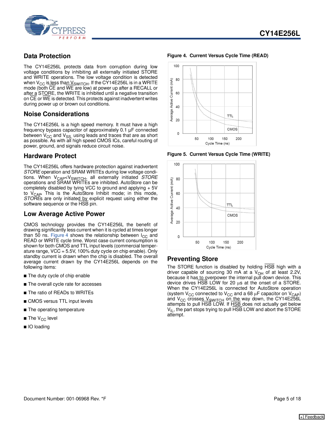 Cypress CY14E256L Data Protection, Noise Considerations, Hardware Protect, Low Average Active Power, Preventing Store 