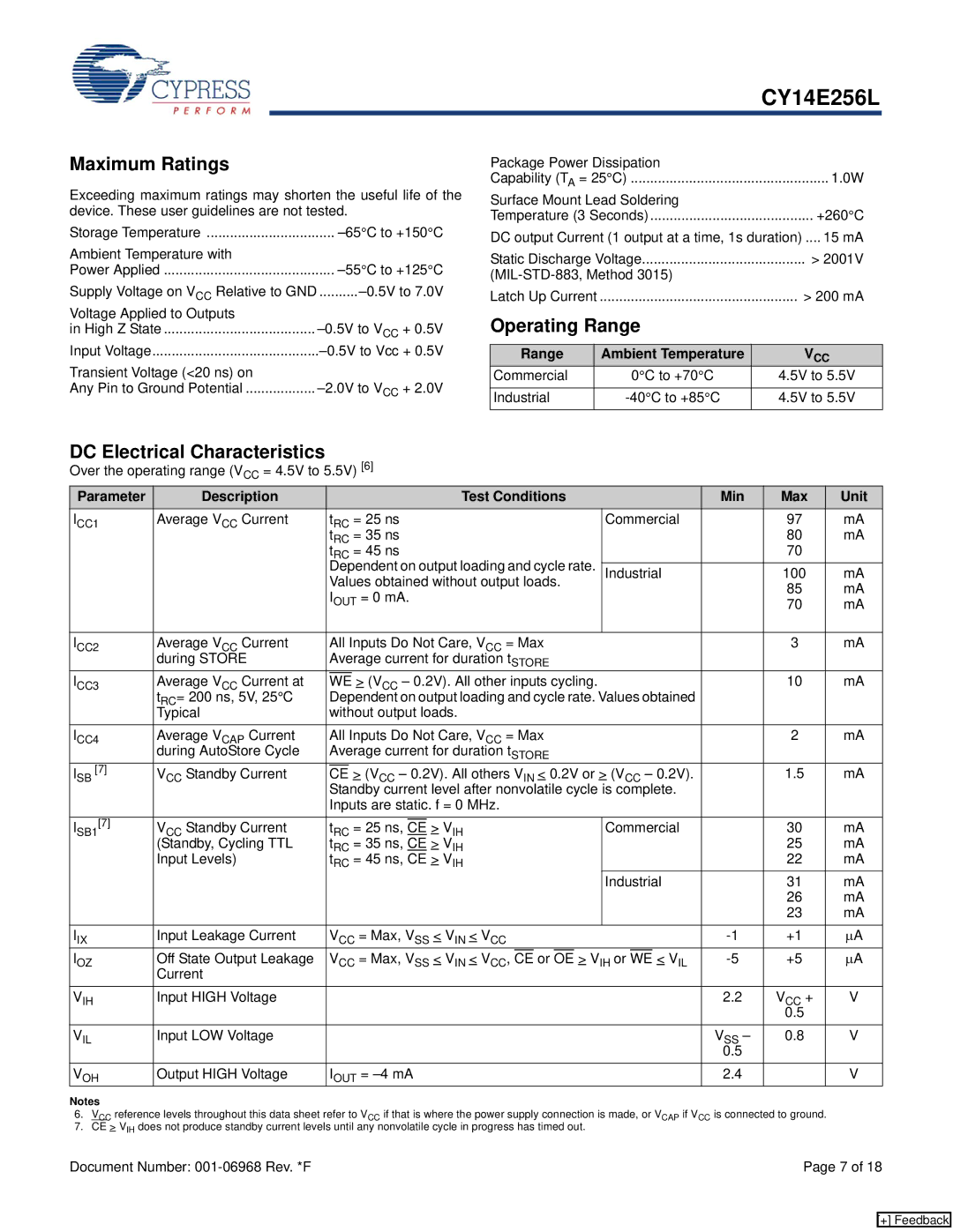 Cypress CY14E256L manual Maximum Ratings, Operating Range, DC Electrical Characteristics, Range Ambient Temperature 