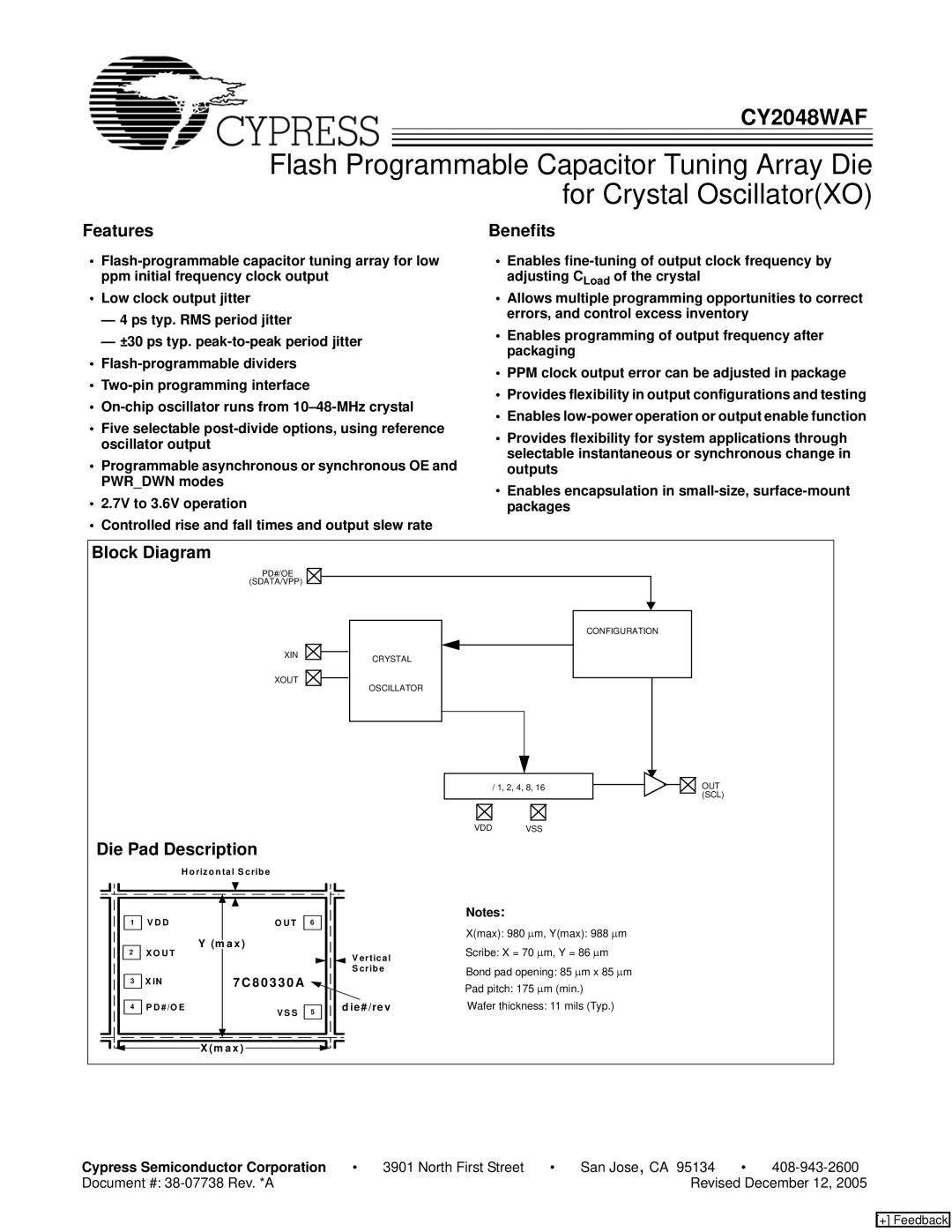 Cypress CY2048WAF manual Features, Block Diagram, Die Pad Description, Cypress Semiconductor Corporation 