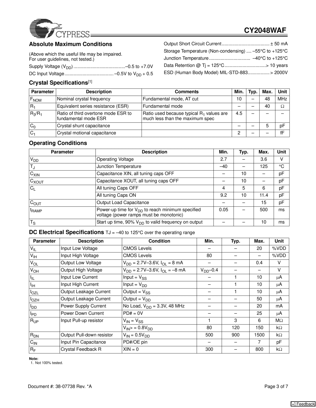 Cypress CY2048WAF manual Absolute Maximum Conditions, Crystal Specifications1, Operating Conditions 