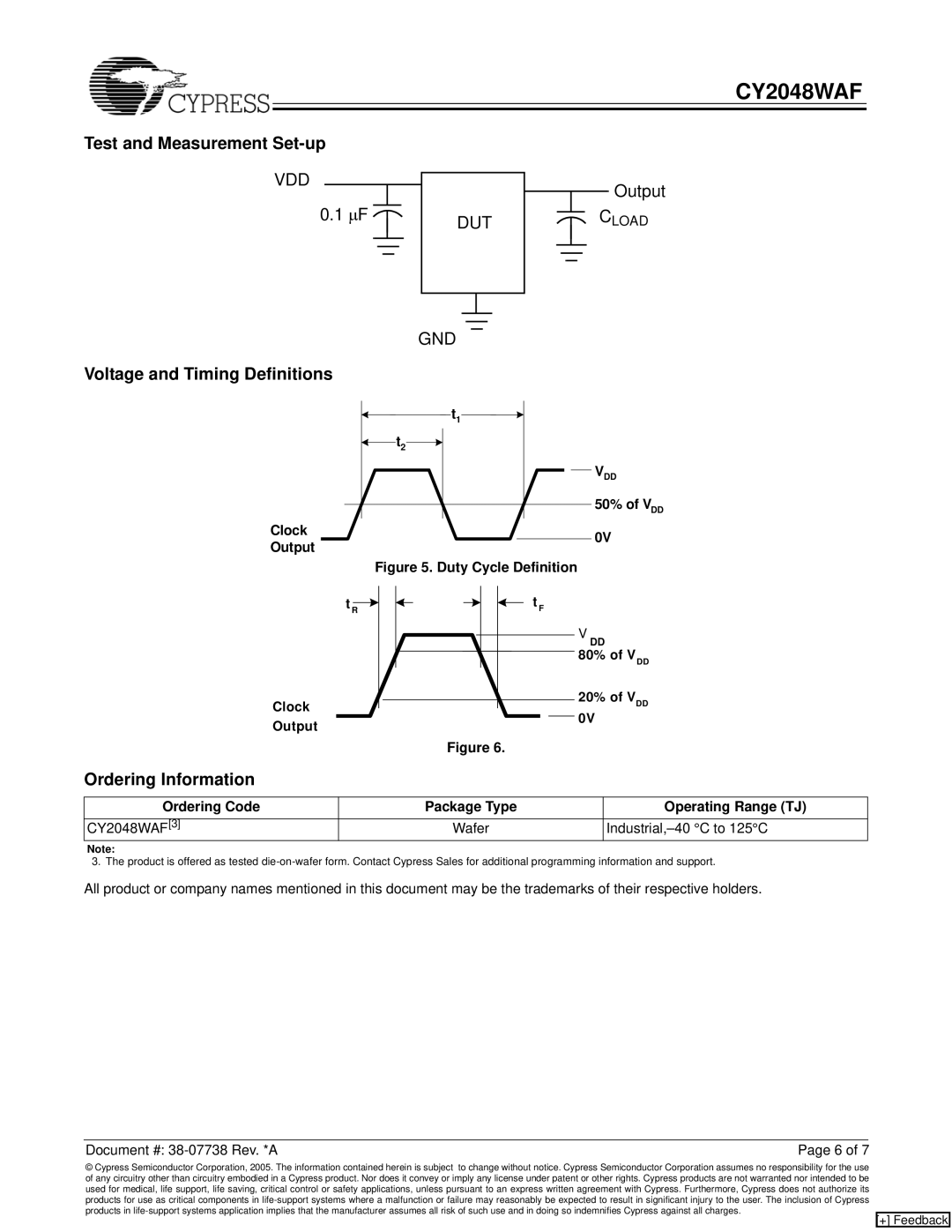 Cypress CY2048WAF manual Test and Measurement Set-up, Voltage and Timing Definitions, Ordering Information 