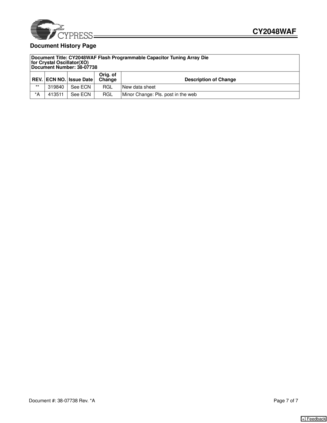 Cypress CY2048WAF manual Document History, Issue Date Orig. Description of Change 