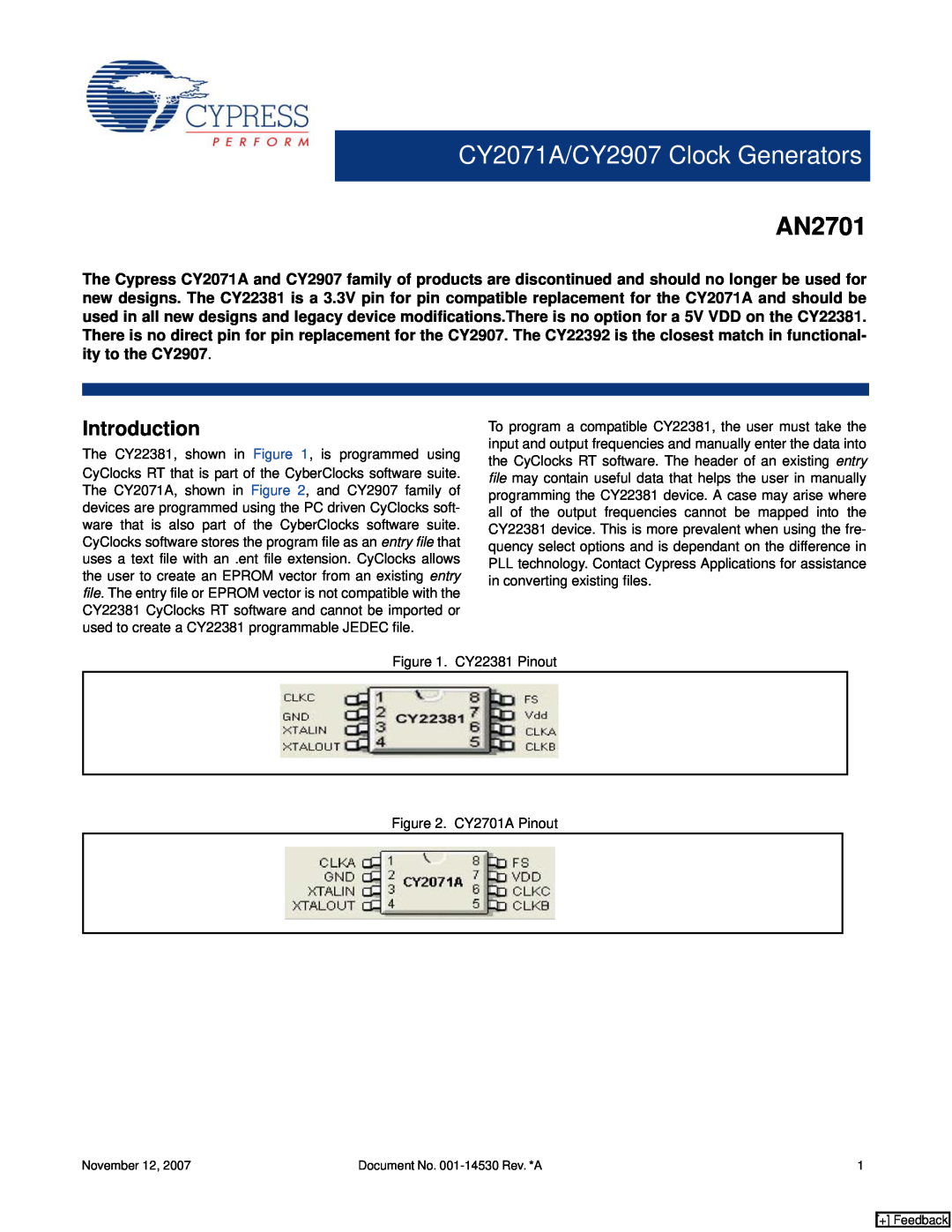 Cypress manual CY2071A/CY2907 Clock Generators, AN2701, Introduction 