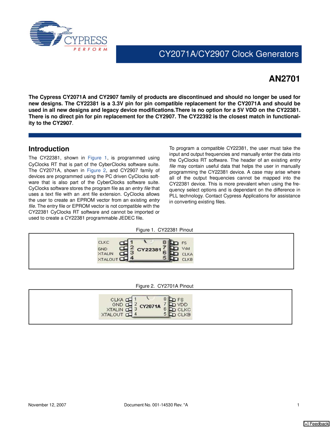 Cypress CY2907, CY2071A manual AN2701, Introduction, November 12 Document No -14530 Rev. *A, + Feedback 