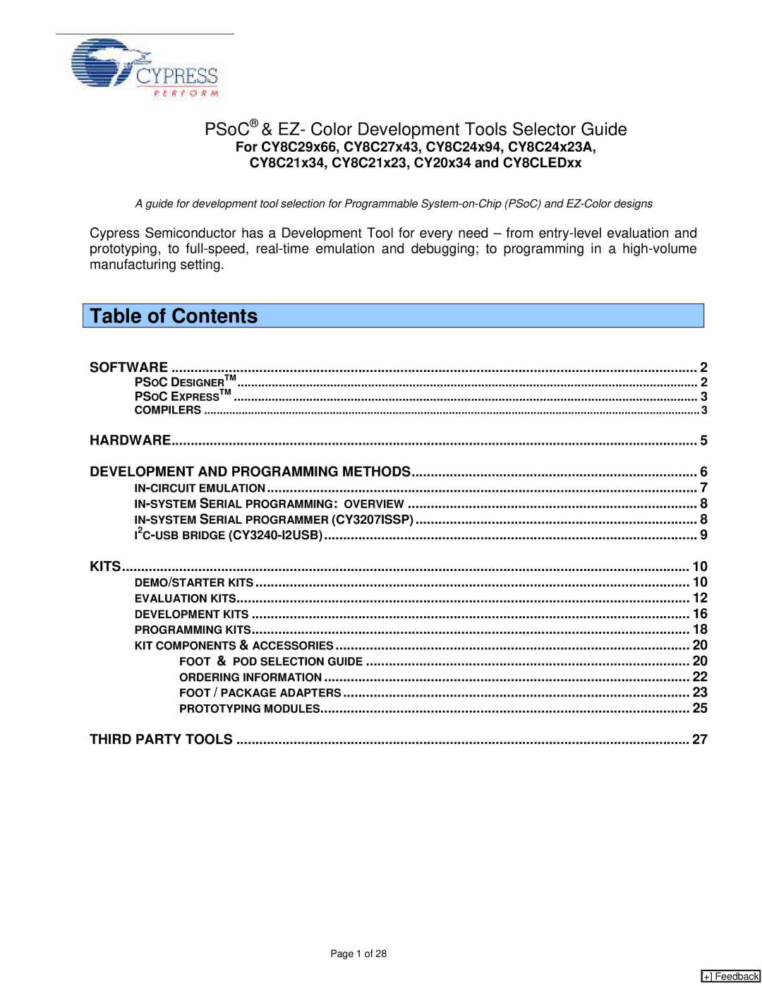 Cypress CY7C1062DV33, CY20x34, CY8C24x94, CY8CLEDxx, CY8C21x34, CY8C21x23, CY8C27x43, CY8C24x23A manual Table of Contents 