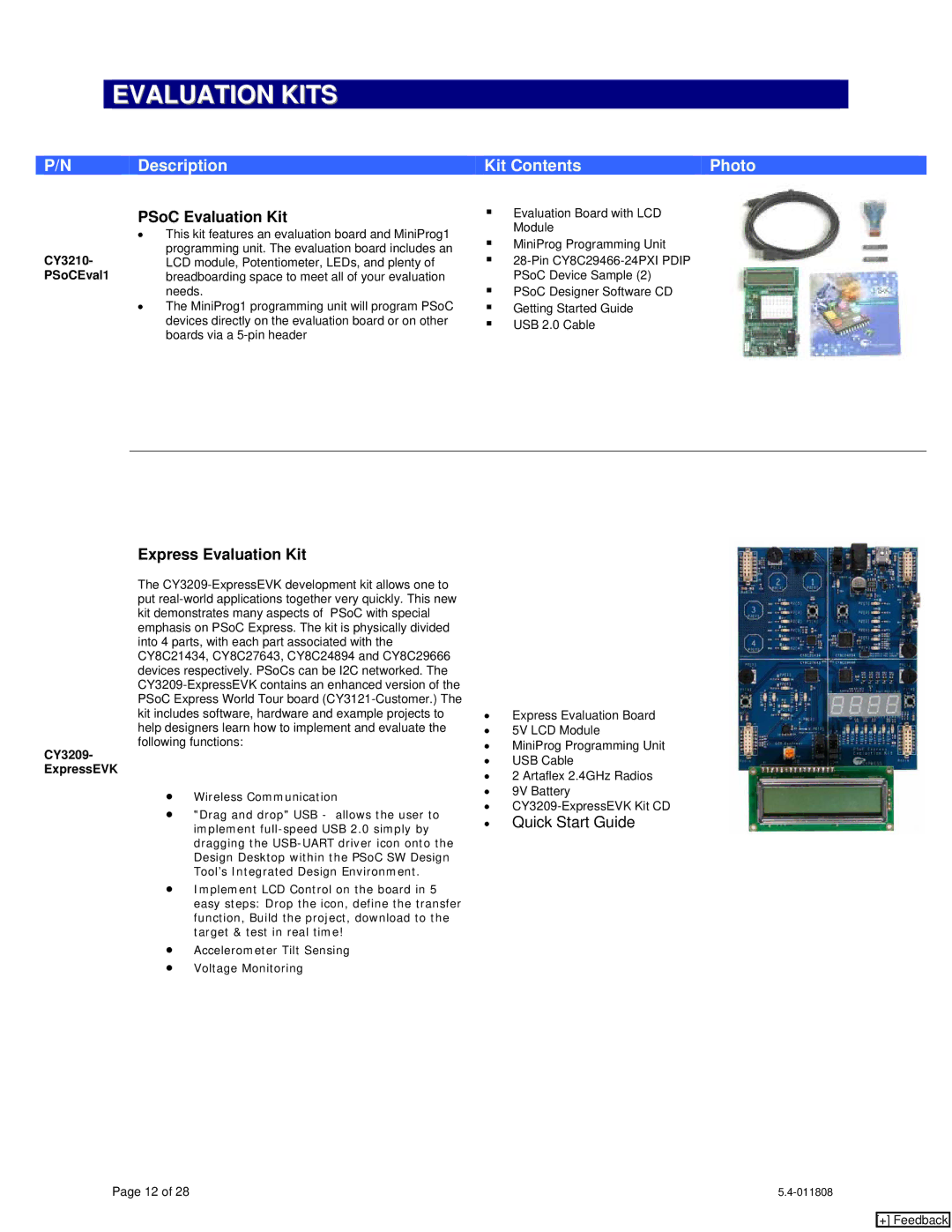 Cypress CY8C21x34, CY20x34, CY7C1062DV33, CY8C24x94, CY8CLEDxx Evaluation Kits, PSoC Evaluation Kit, Express Evaluation Kit 