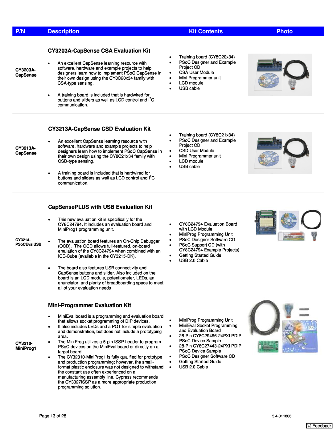 Cypress CY8C21x23 Description, Kit Contents, Photo, CY3203A-CapSense CSA Evaluation Kit, Mini-Programmer Evaluation Kit 