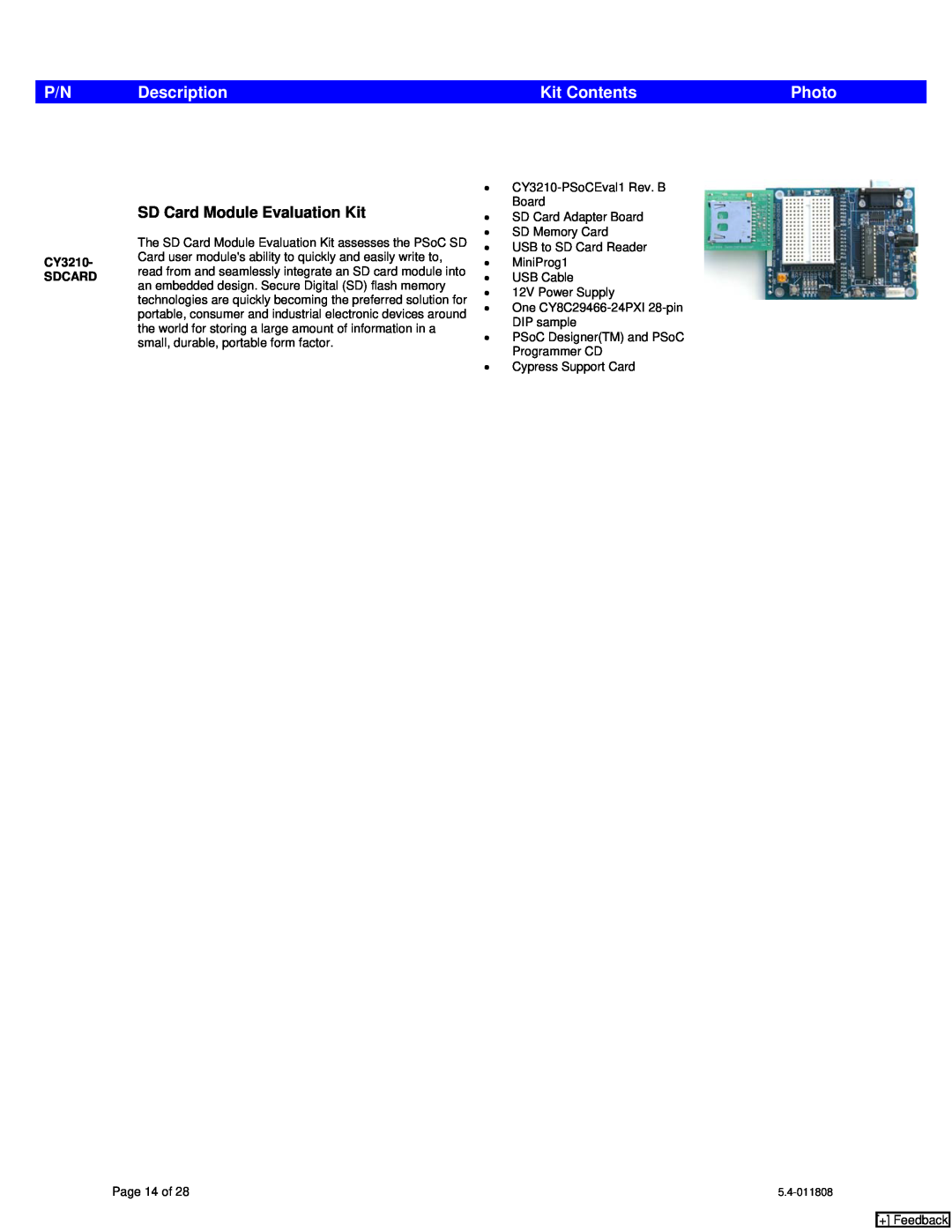 Cypress CY8C27x43, CY20x34, CY7C1062DV33 P/N Description, Kit Contents, SD Card Module Evaluation Kit, Photo, + Feedback 