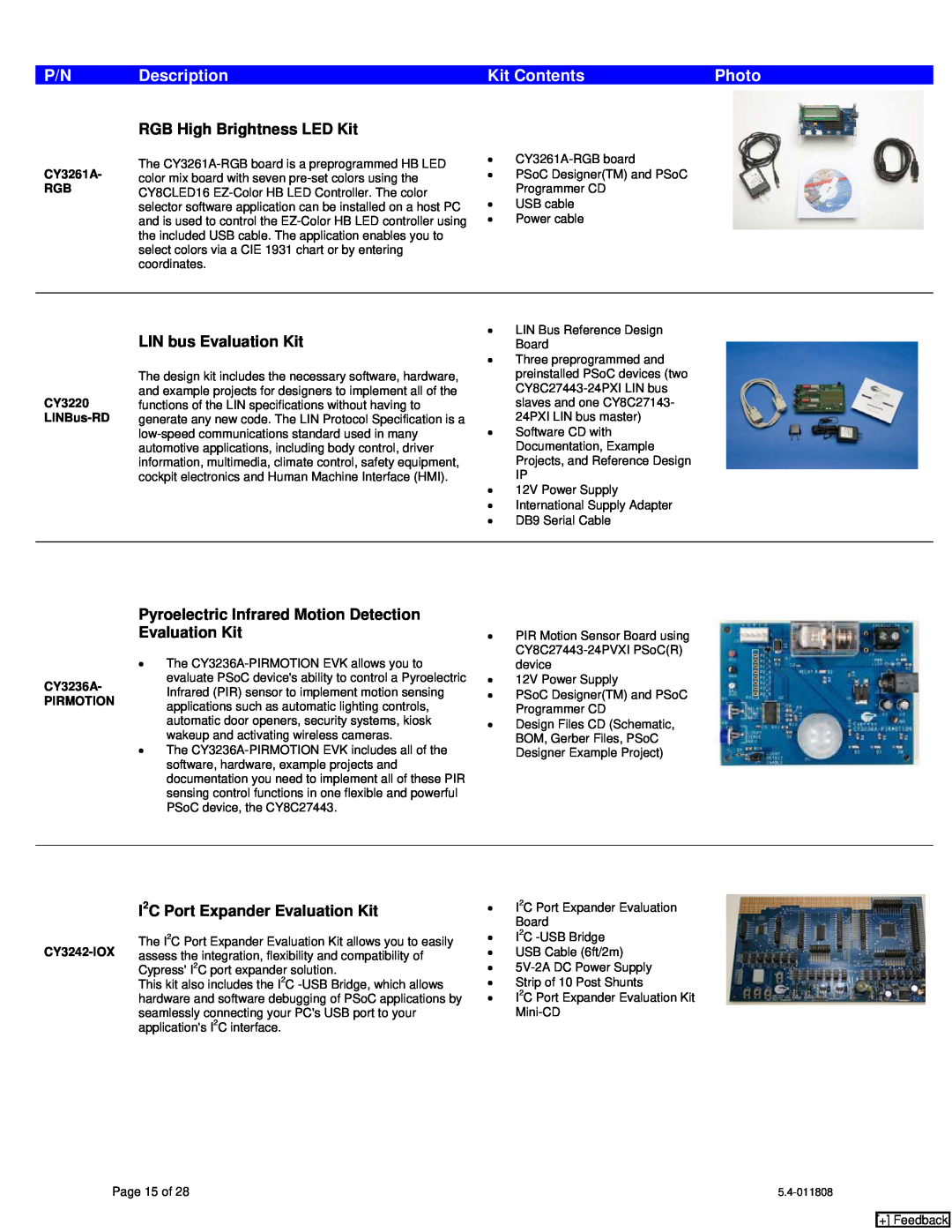 Cypress CY8C24x23A manual Description, Kit Contents, Photo, RGB High Brightness LED Kit, LIN bus Evaluation Kit, + Feedback 