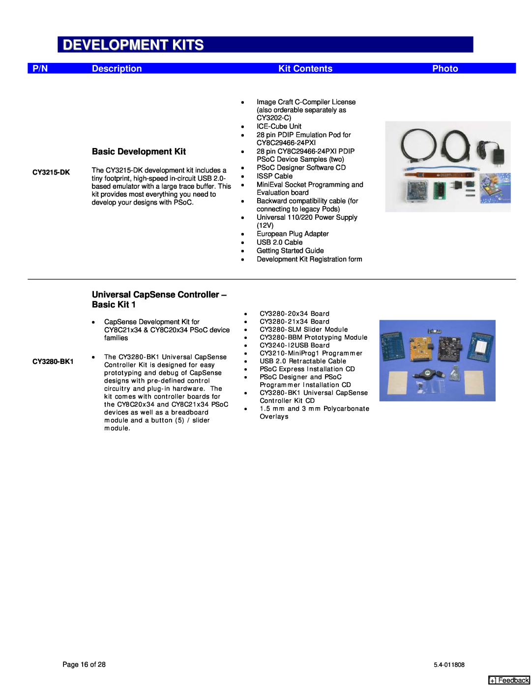 Cypress CY20x34, CY7C1062DV33 manual Development Kits, Description, Kit Contents, Photo, Basic Development Kit, + Feedback 