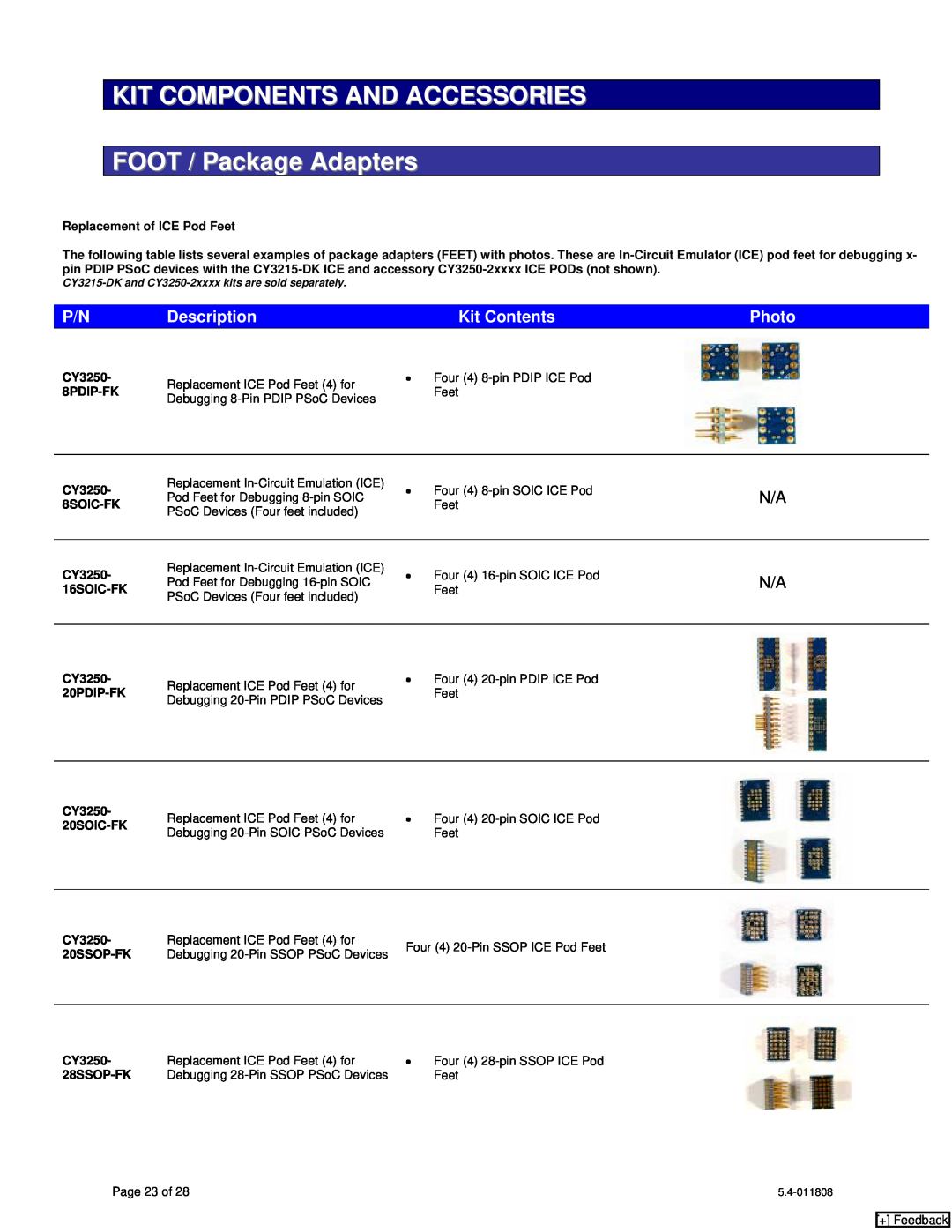Cypress CY8C24x23A KIT COMPONENTS AND ACCESSORIES FOOT / Package Adapters, Description, Kit Contents, Photo, + Feedback 