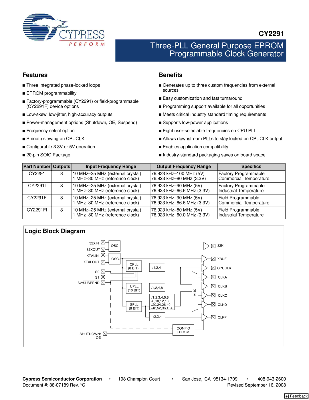 Cypress CY2291 manual Features, Benefits, Logic Block Diagram, Cypress Semiconductor Corporation 198 Champion Court 