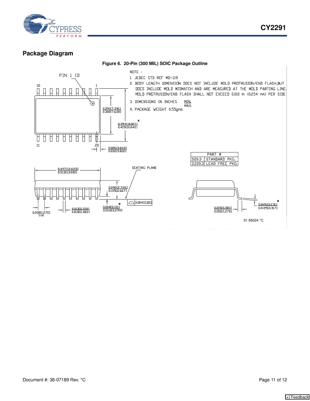 Cypress CY2291 manual Package Diagram, Pin 300 MIL Soic Package Outline 