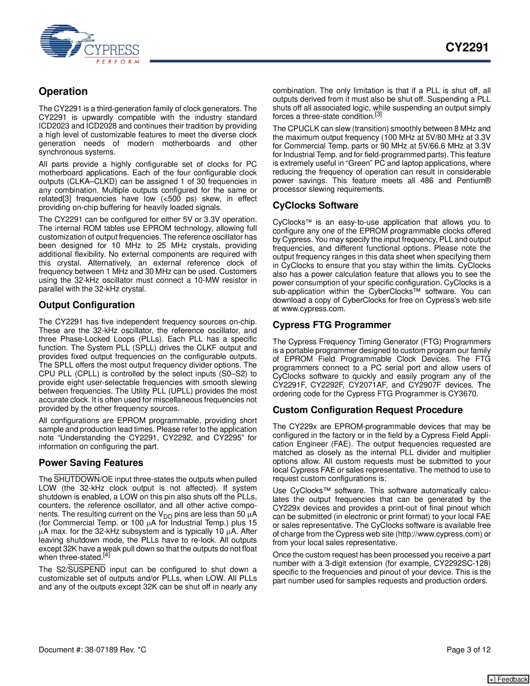 Cypress CY2291 manual Operation, Output Configuration, Power Saving Features, CyClocks Software Cypress FTG Programmer 