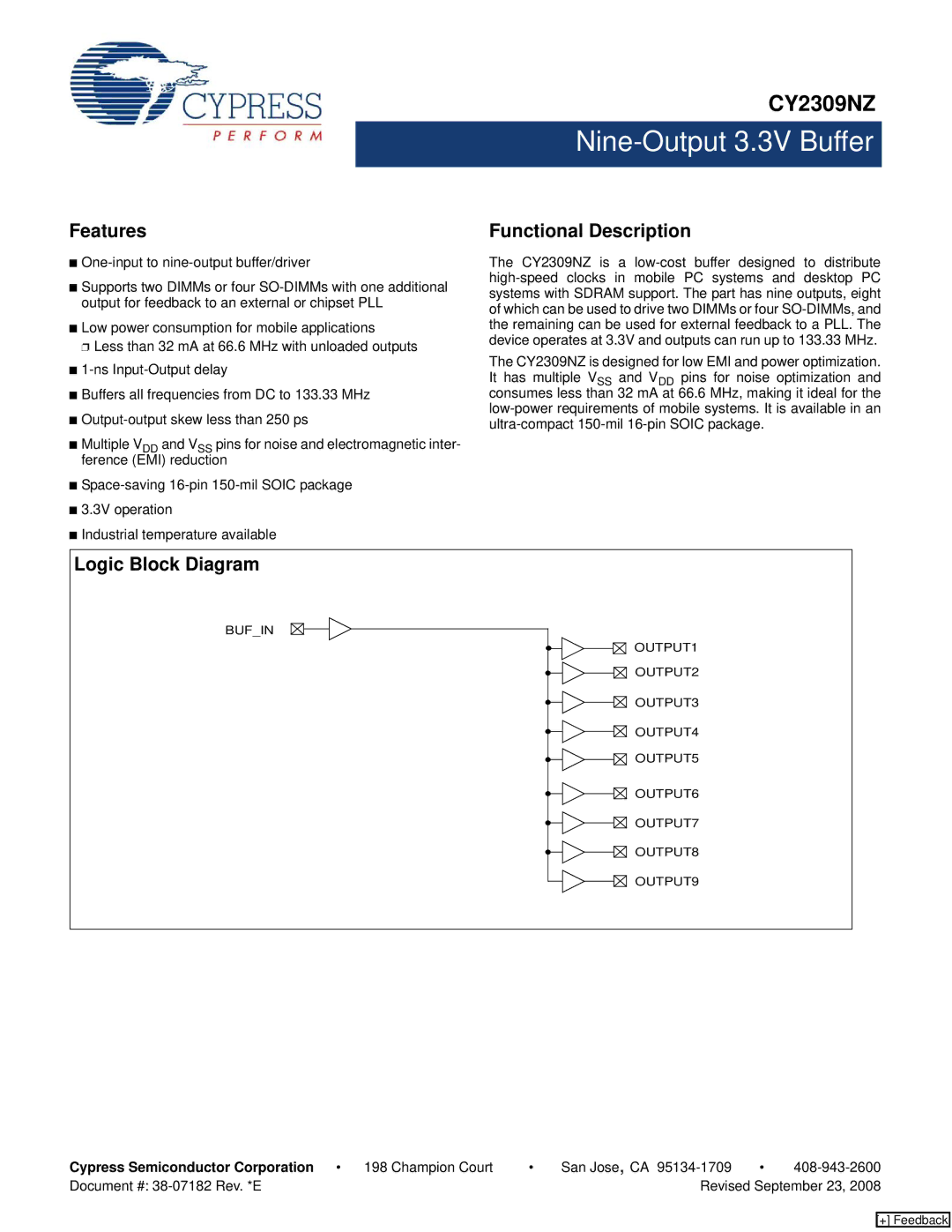 Cypress CY2309NZ manual Features Functional Description, Logic Block Diagram 