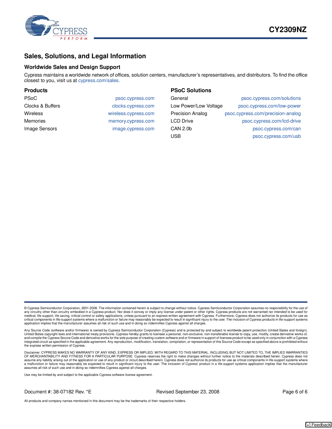 Cypress CY2309NZ manual Sales, Solutions, and Legal Information, Usb 