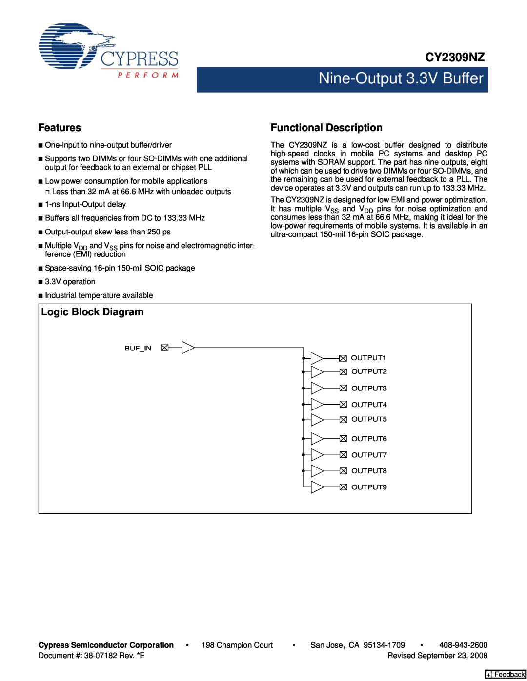 Cypress CY2309NZ manual Features, Functional Description, Logic Block Diagram, Nine-Output 3.3V Buffer 