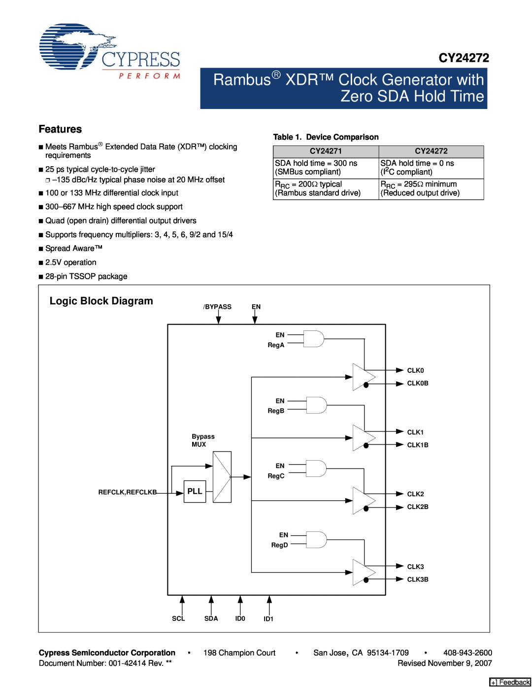 Cypress CY24271 manual CY24272, Features, Logic Block Diagram, Rambus→ XDR Clock Generator with Zero SDA Hold Time 