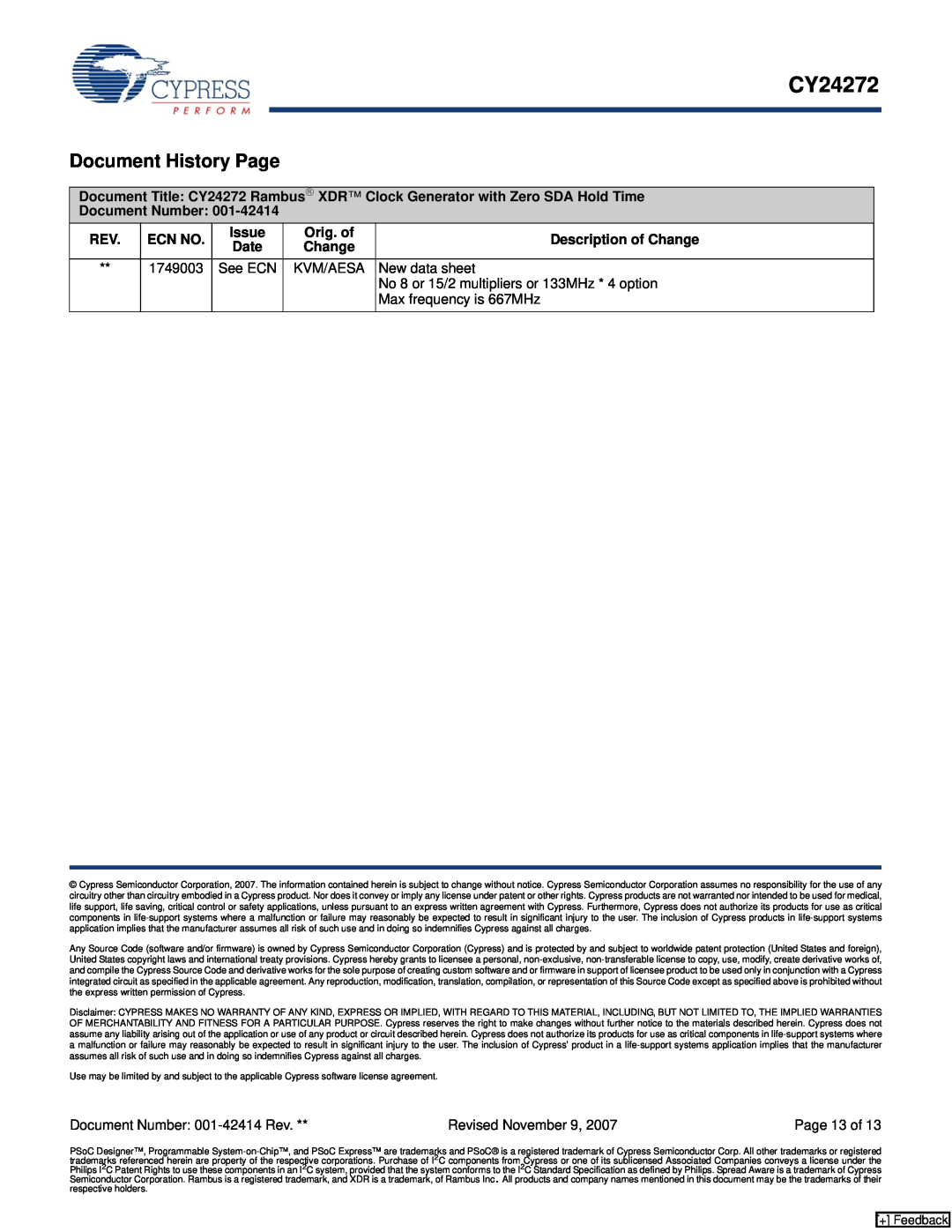 Cypress CY24271 manual Document History Page, CY24272 