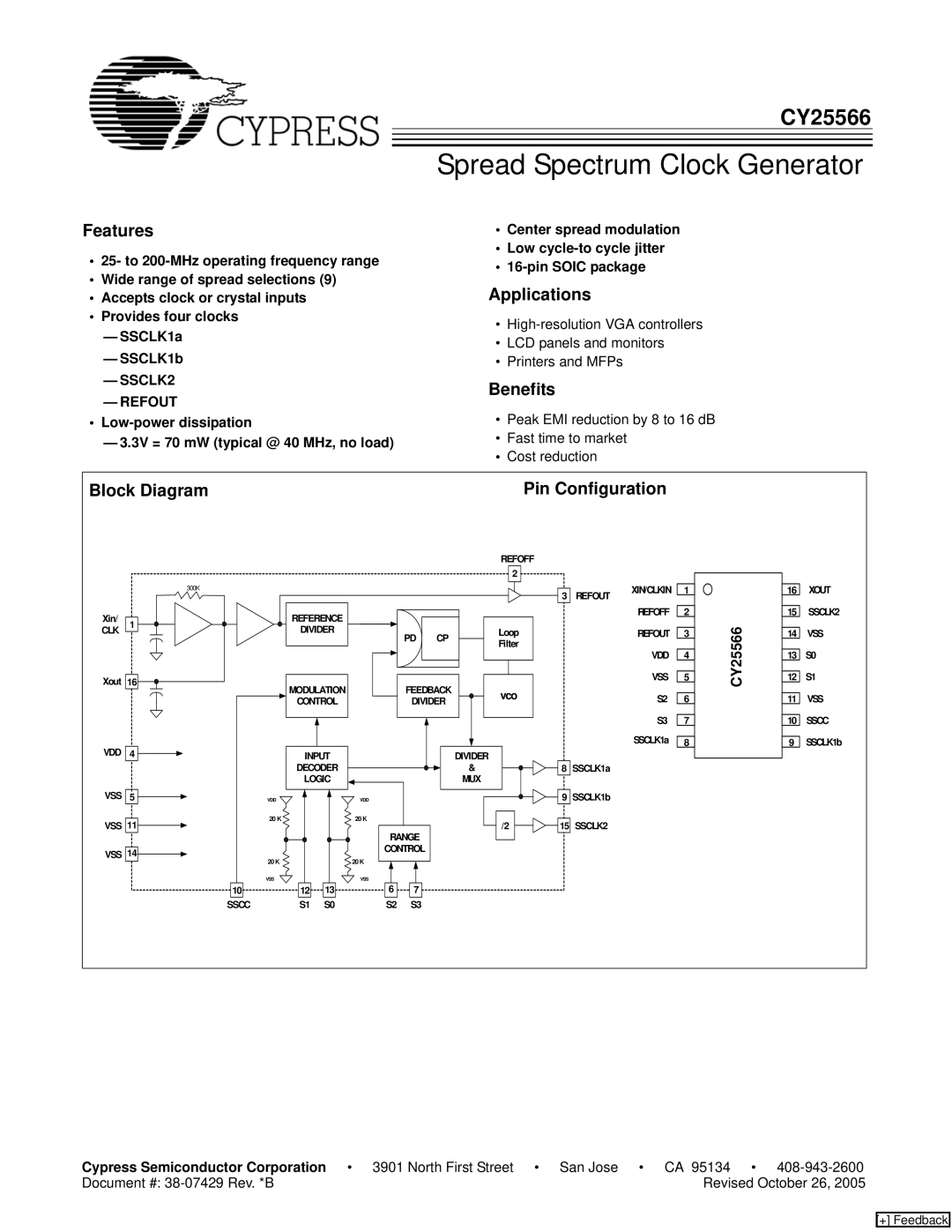 Cypress CY25566 manual Features, Applications, Benefits, Block Diagram 