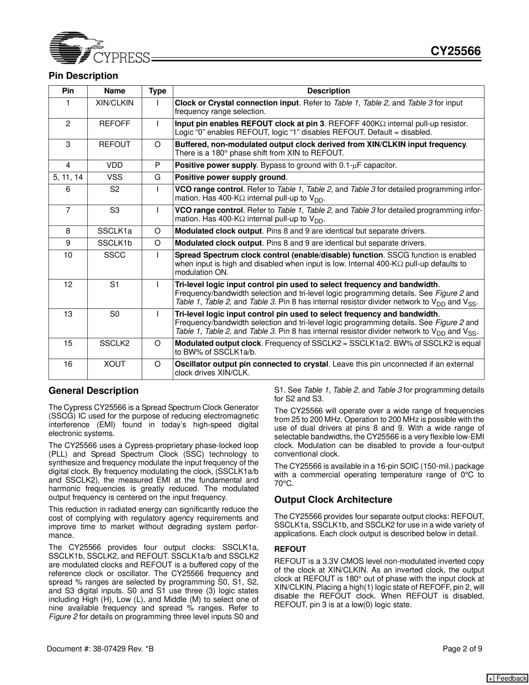 Cypress CY25566 manual Pin Description, General Description, Output Clock Architecture 